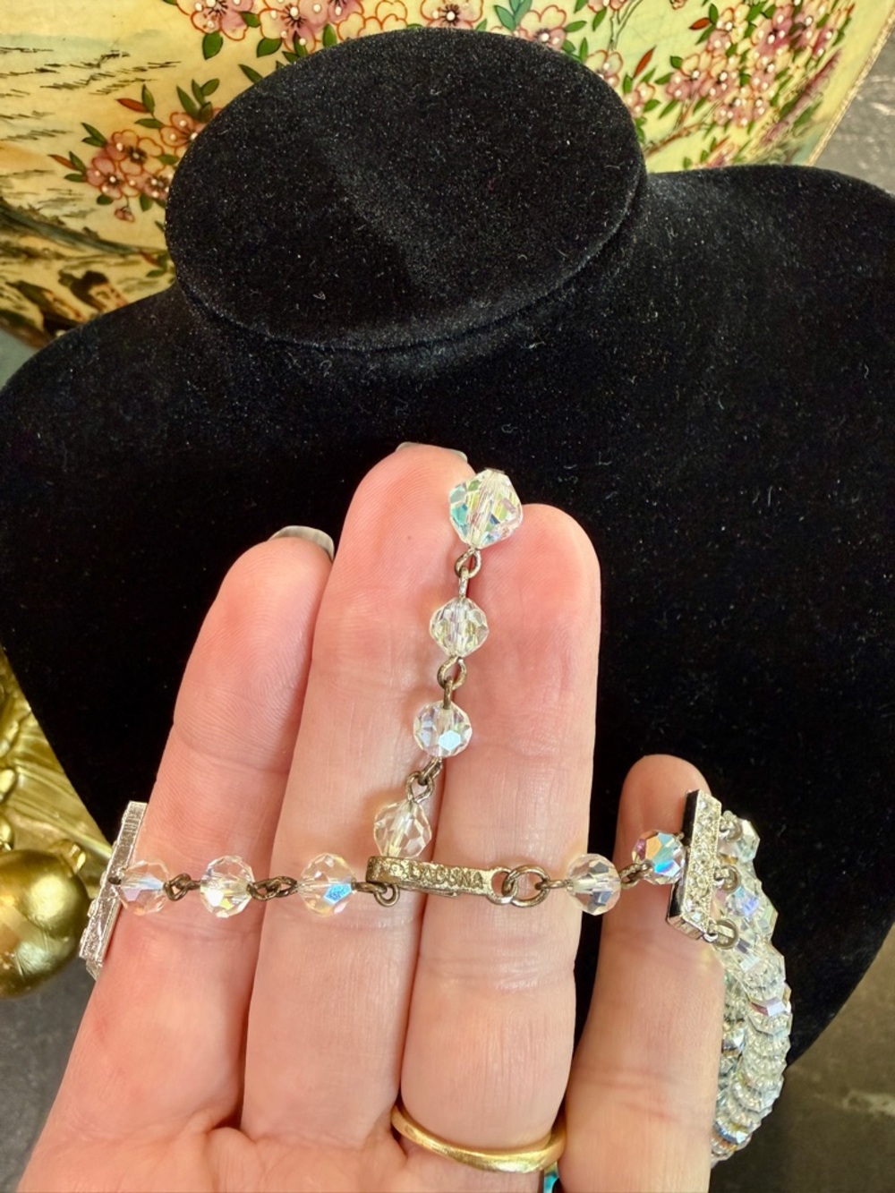 Vintage (50’s) Laguna 3 Strand Crystal AB Beaded Necklace/Rhinestone Hook Clasp - Picture 4 of 7